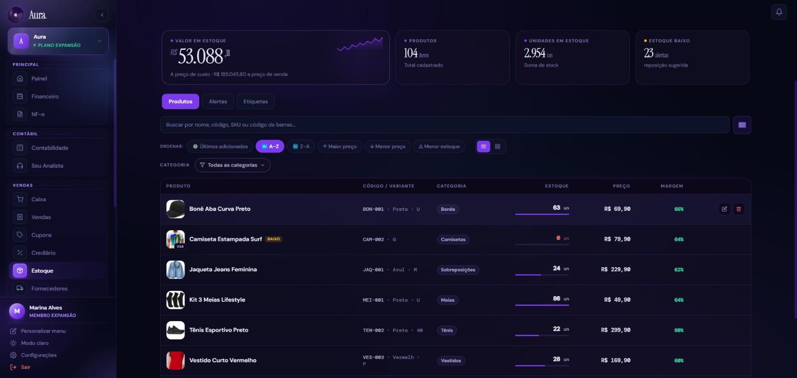 Estoque da Aura: valor em estoque, 23 alertas de estoque baixo e a lista de produtos com código, variante, quantidade, preço e margem