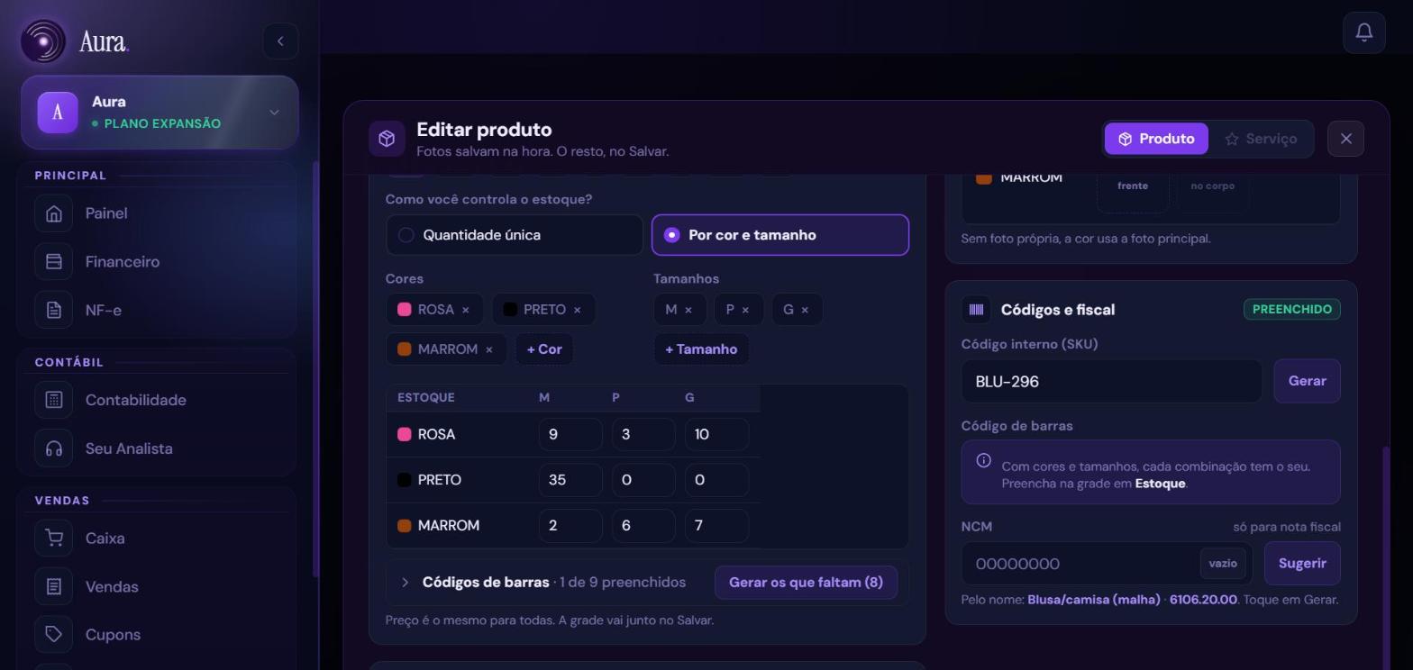 Cadastro de produto na Aura com estoque por cor e tamanho: grade com rosa, preto e marrom nos tamanhos M, P e G, cada combinação com a sua quantidade