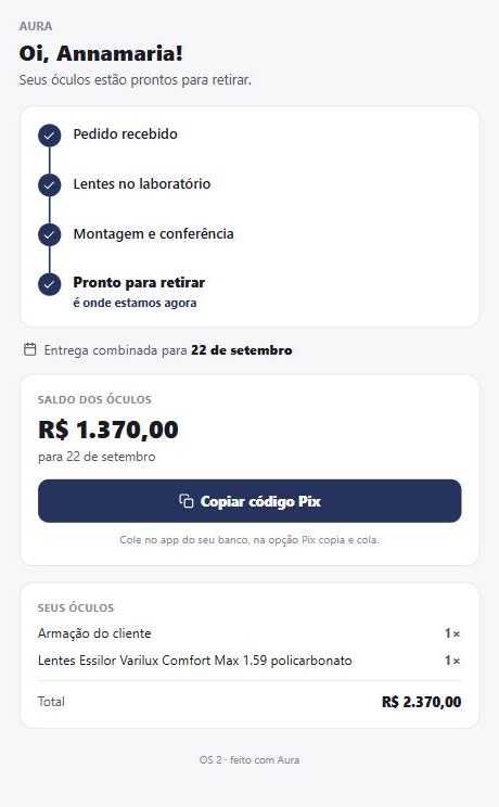 Página pública de acompanhamento no celular: etapas do pedido dos óculos e o saldo com Pix